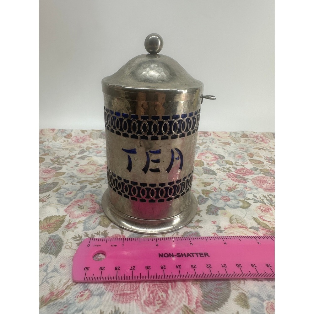 Vintage Cobalt Blue Plastic Tea Canister Silver Tone Metal Filigree Caddy Lid